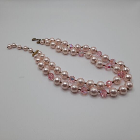 Vintage Pink Faux Pearls Pink Crystals Choker Necklace 1950s - Picture 7 of 11